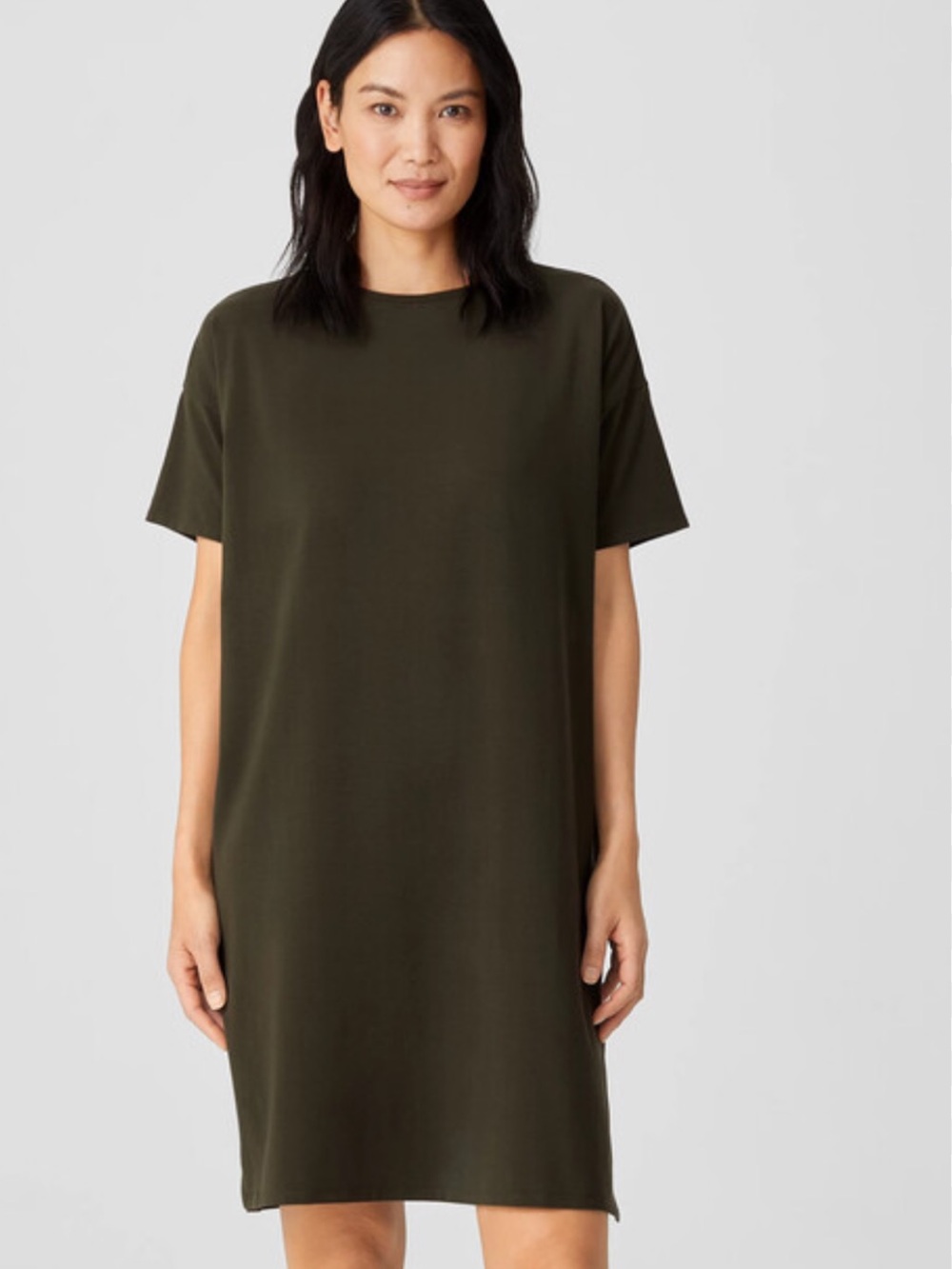 Eileen Fisher Organic Pima Cotton stretch T-shirt Dress Olive Green S